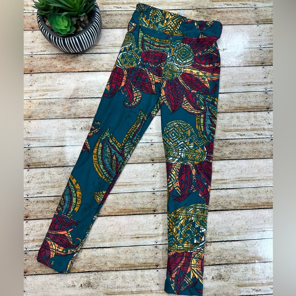 Green and Red Floral Aztec  Kids Leggings (S/M LuLaRoe LLR 2-8) yellow orange